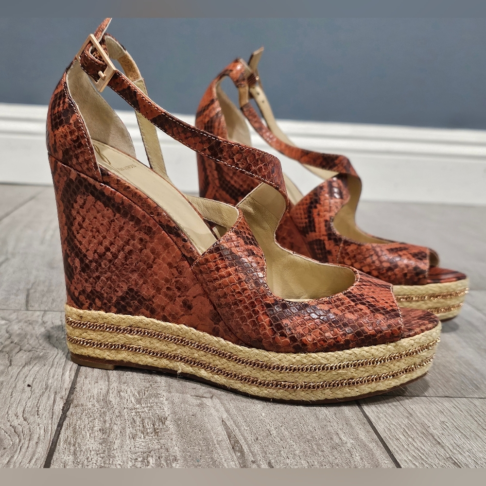 BRIAN ATWOOD B Orange Snake Print Leather Criss Cross Platform Wedge Sandals 8M